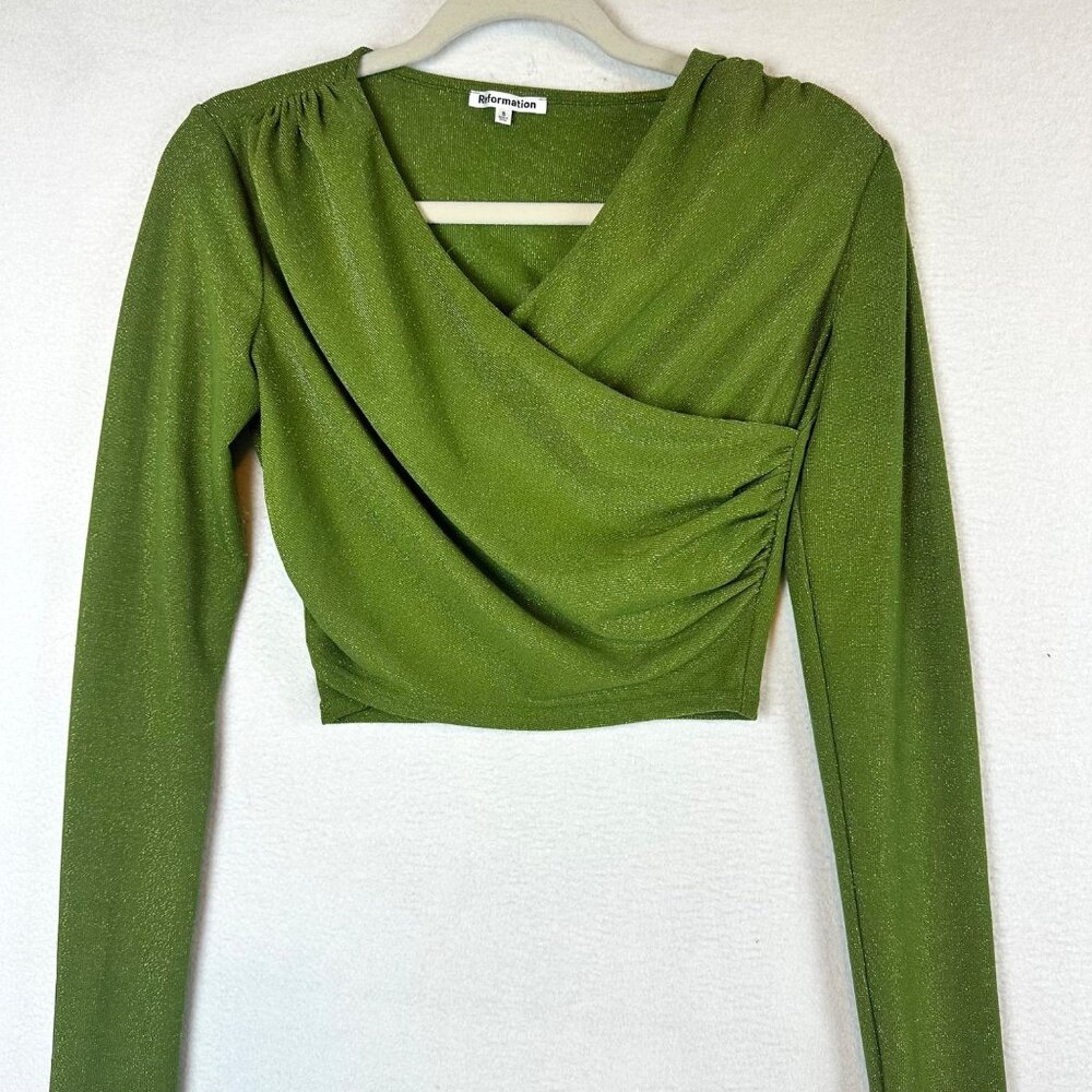 Reformation Wrap Crop Women S Green Glitter Fairy Chic Shimmery Top Cottage Retr